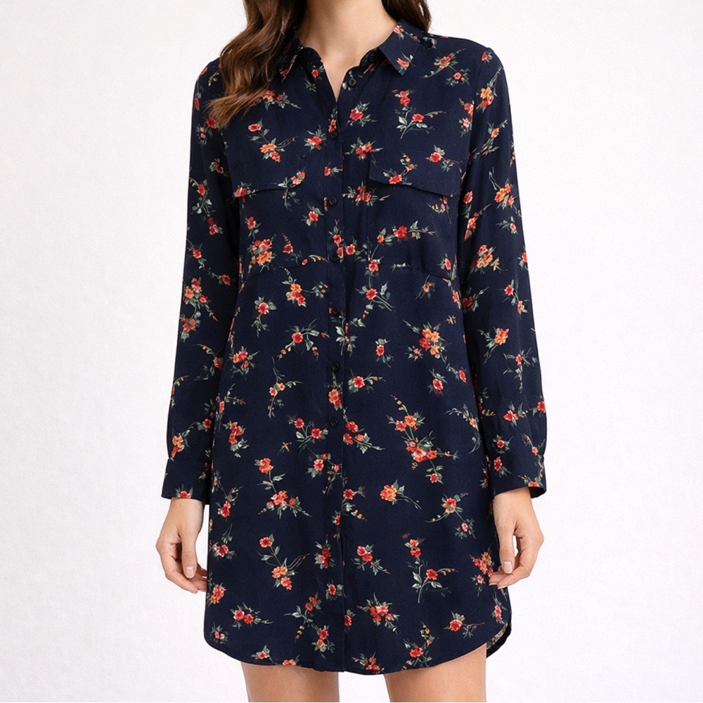 Como Vintage Like New blue Floral Long sleeve collared shirt dress size small